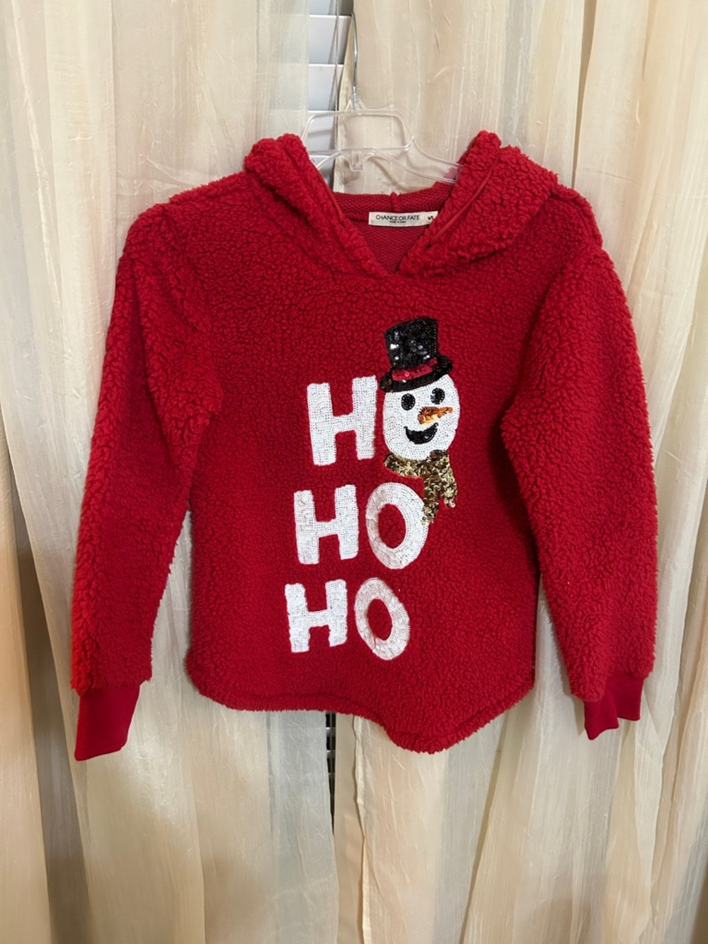 NWOT never worn Chance or Fate Red Juniors Ho Ho Ho Sherpa Hoodie with Snowman